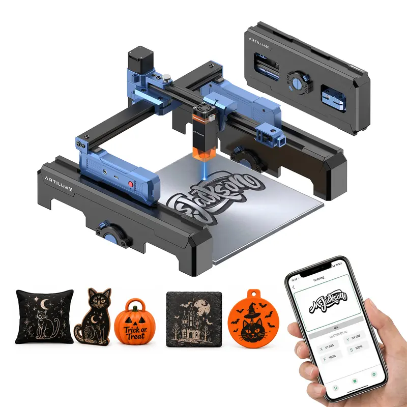 ARTILUME T1 Series Portable Laser Engraving Machine (Tools and Gadgets), No Assembly Required Foldable Design Frame, 0.01mm Precision, 10000mm/min Speed, Engraves Wood, Leather, Metal, Acrylic, Creative Crafts Custom Design Tool