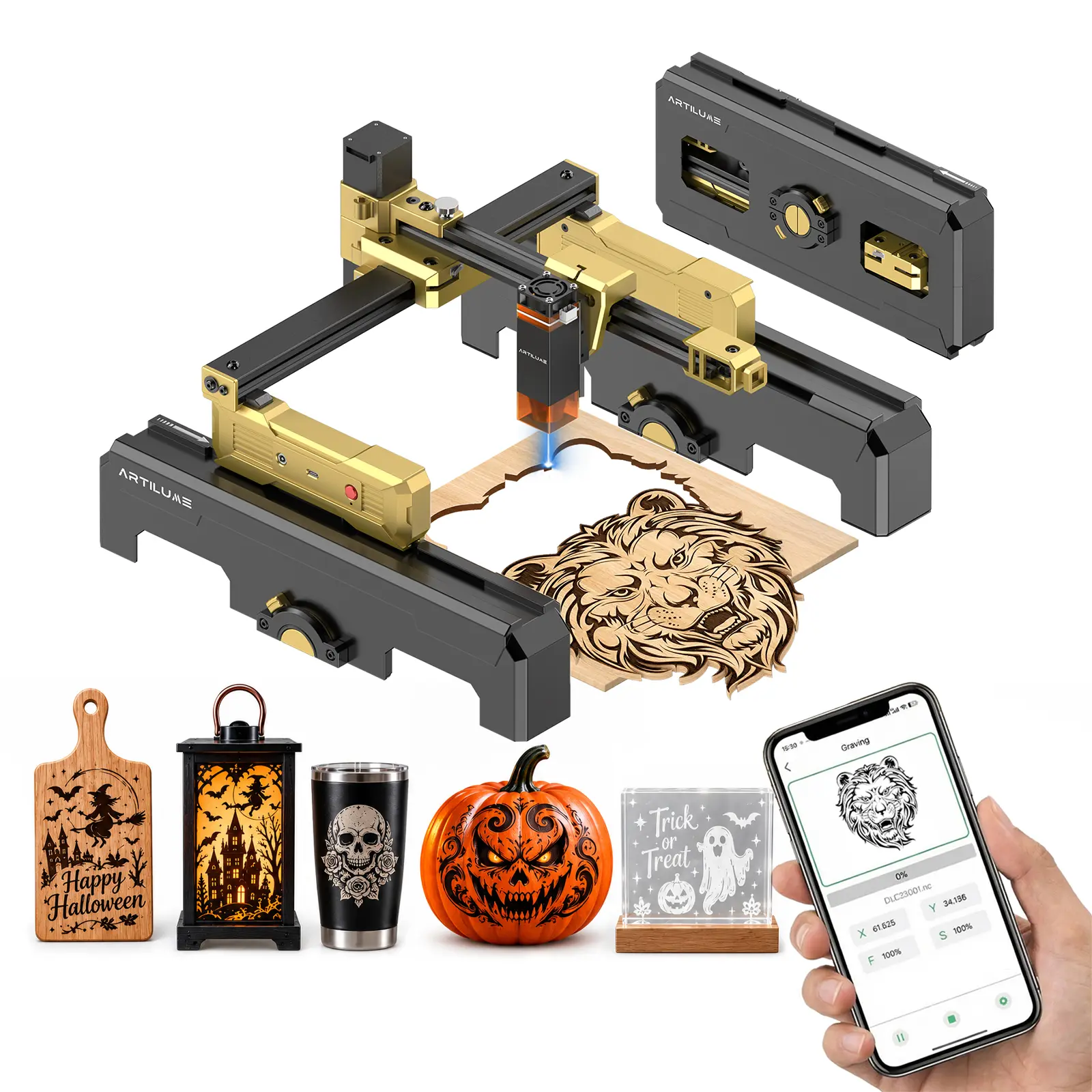 ARTILUME T1 Portable Wi-Fi Laser Engraving Machine, Pre-Assembled Folding Frame, APP Control, 0.01mm Precision, 10000mm/min Speed, Engraves Wood, Leather, Metal, Acrylic, Custom Design Tool for Creative Crafts,toolupgrade