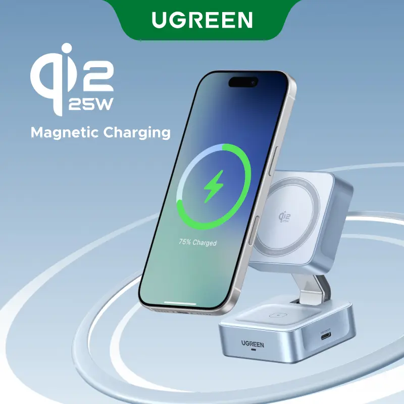 【Qi2 25W】UGREEN Qi2 Magflow 25W Wireless Charger 2-in-1 Foldable Stand Compatible with iPhone 16 Pro Max iPhone 15 14 13 12 AirPods Pro