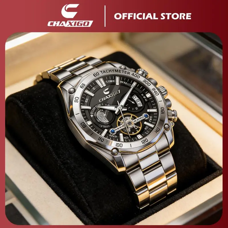 Montre homme CHAXIGO 7667-1, grand cadran 44 mm, mouvement à quartz, bracelet en acier inoxydable, luminescente, étanche à 30 mètres, design professionnel élégant