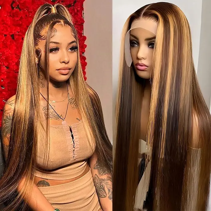Peluca Airda Hair ombré rubio miel 4/27 de cabello humano, lace front HD 13x6, lisa de 30 pulgadas, densidad 180%, sin pegamento y predepilada