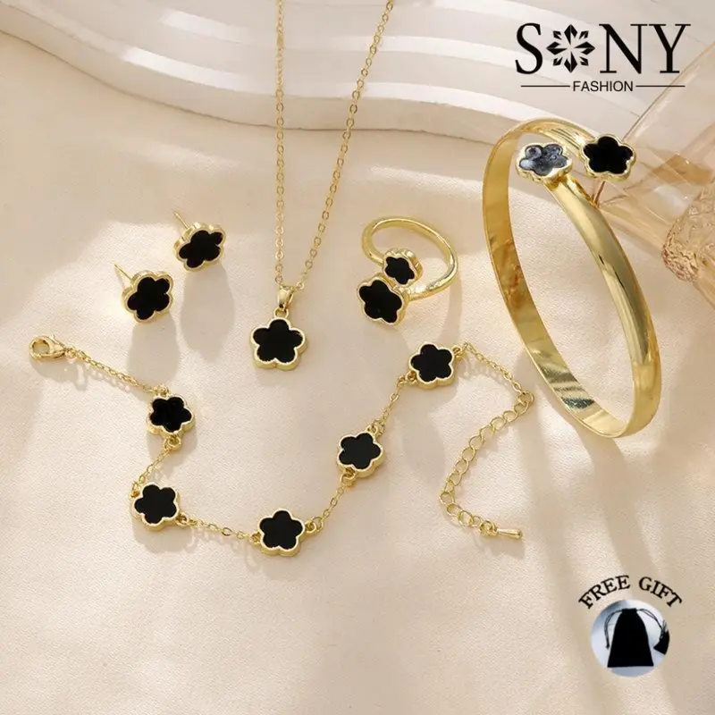 5 Pieces Hot Selling Lucky 5 leaf Clover Jewelry Suit, Acrylic Bangle Bracelet Parthenocissus Grass Necklace Ring Stud Earrings for Women, 5 Pieces Jewelry set of Black, White, Pink, Green, Red with Free jewelry bag, Perfect Gift for GF, Wife