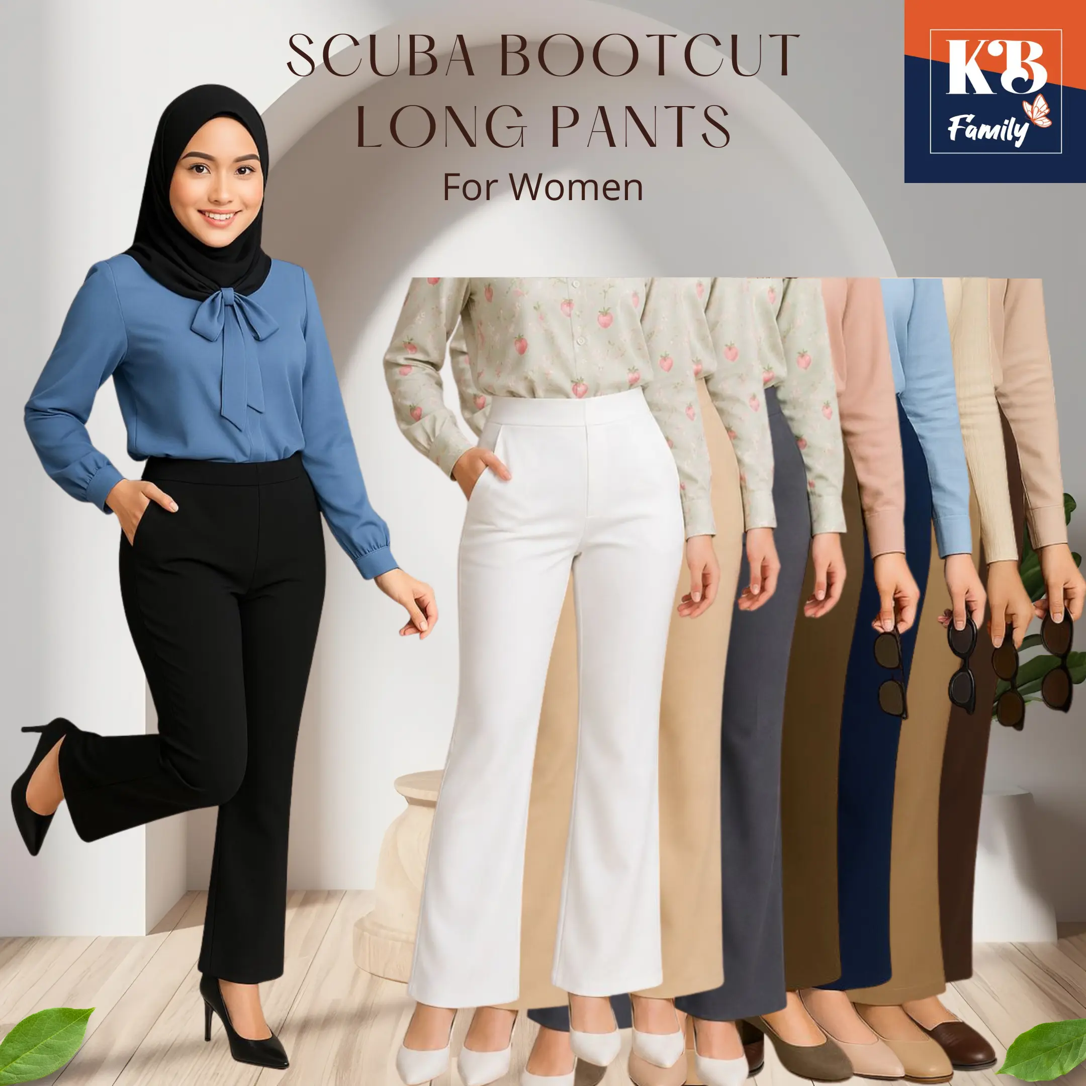 [KB HIJABSTA] Women's High-Waisted Stretch Long Trousers, Mini Bootcut Auto-Slim Iron-Free Premium Scuba Fabric, Fits up to 110kg