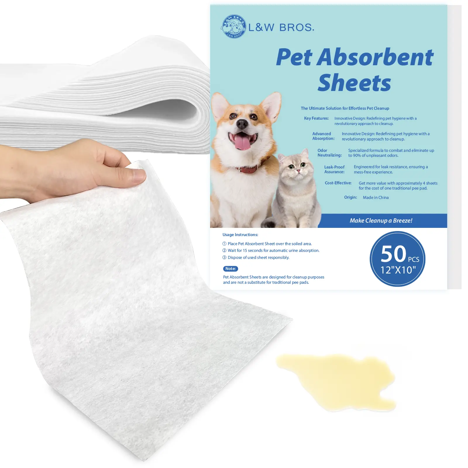 L&W BROS. Pet Absorbent Sheets for Emergency Dog Urine Cleanup on Hardwood Floors, with Fast Liquid Lock and Odour Control