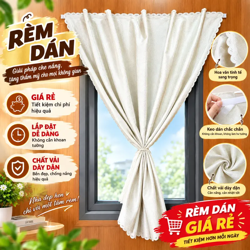 RÈM SON Stick-On Polyester Window Curtains for Sun Shading and Easy Installation