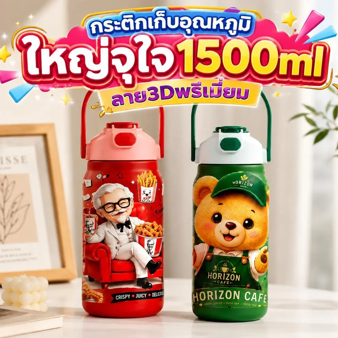 3D 프린트 1500ml 보냉 물병, 대용량 가족용 고품질 소재 내구성·안전성 강조
