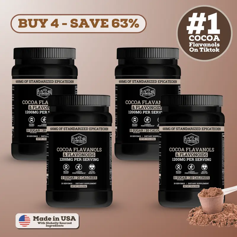 Black Forest Supplements Cocoa Flavanols and Flavonoids Beverage Powder, 4 Bottles, 1200 mg per Serving, 600 mg Epicatechin, Vegan and Caffeine-Free