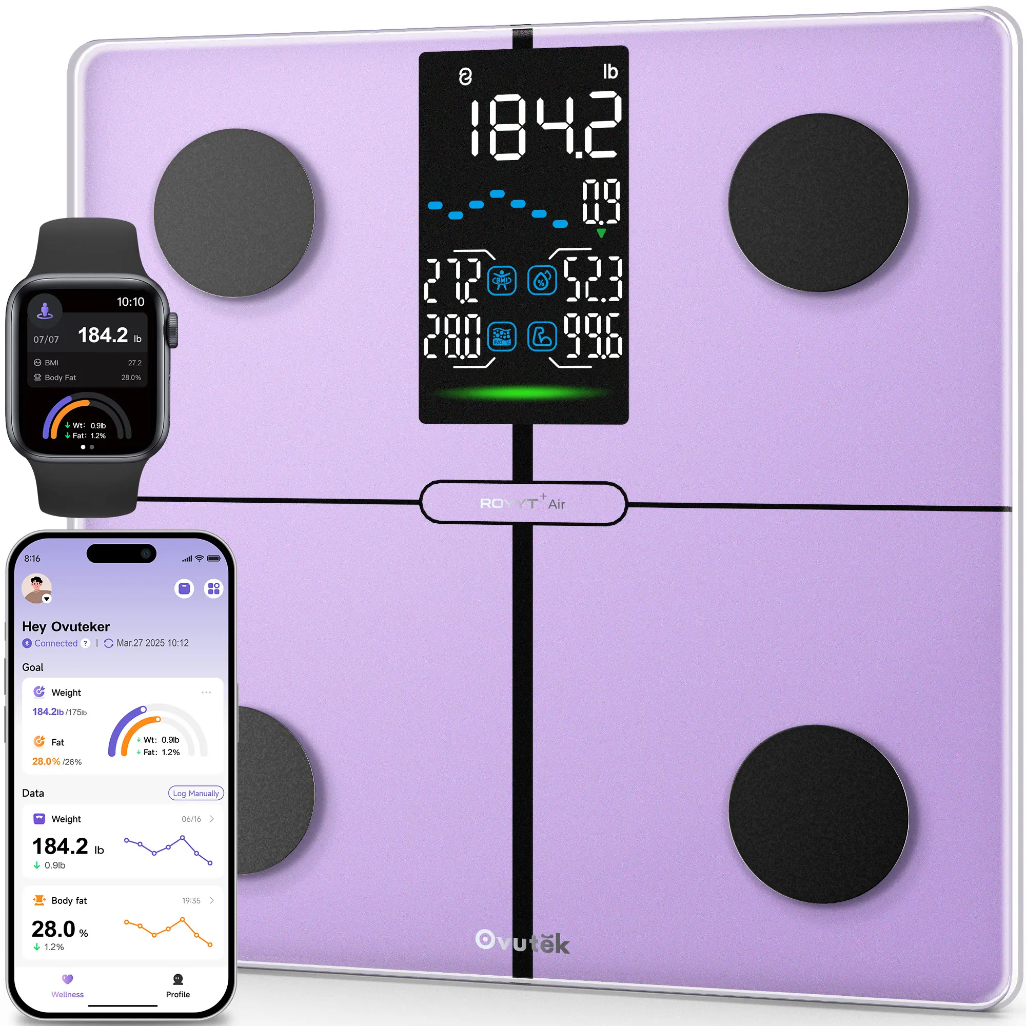 Balance connectée OVUTEK violette jusqu’à 400 lb, pèse-personne numérique professionnel avec IMC, masse grasse et masse musculaire, précision 0,05 lb, grand écran et application fitness
