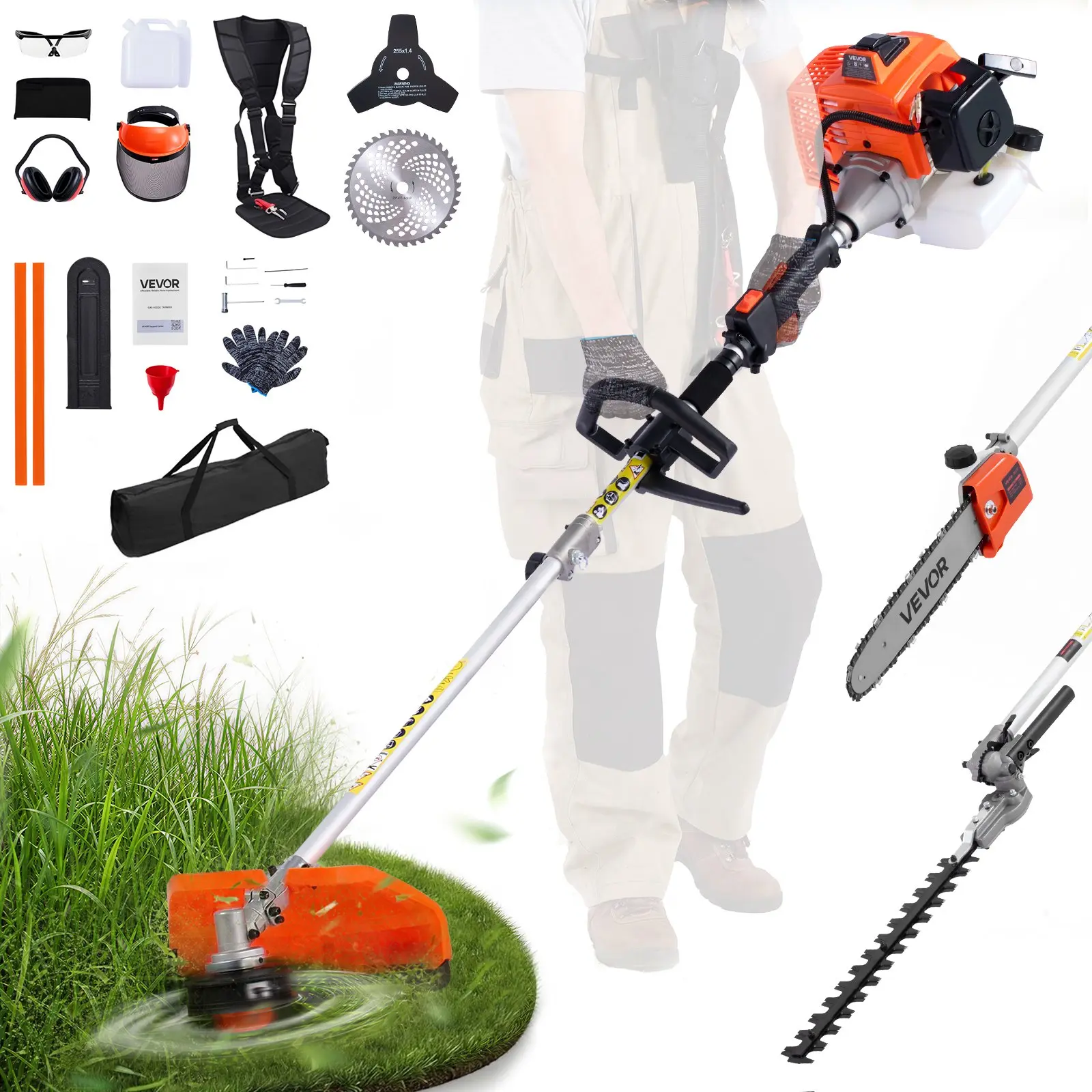 【Summerfinds】VEVOR 5-in-1 63cc 2-Cycle Gas-Powered Cordless Trimmer with Protective Gear, Hedge Trimmer, String Trimmer, Brush Cutter with 3T & 40T Blades, and Pole Saw
