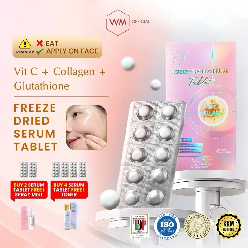 Bộ viên serum đông khô WM mới nhất kèm bình xịt dùng ngoài da, dưỡng da mặt sáng mịn, ẩm mượt và săn chắc, hỗ trợ chăm sóc đốm nâu