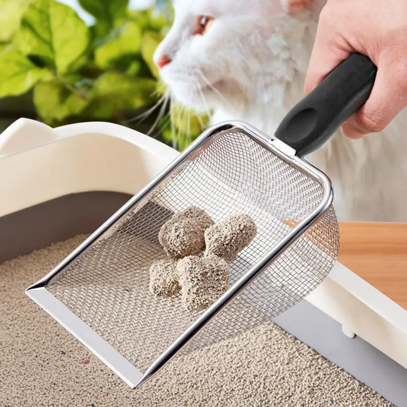 Stainless Steel Cat Litter Scoop, 1 pc, 3.8 mm Mesh Sifter, Long Handle, for All Litter Types, Rabbits and Reptiles