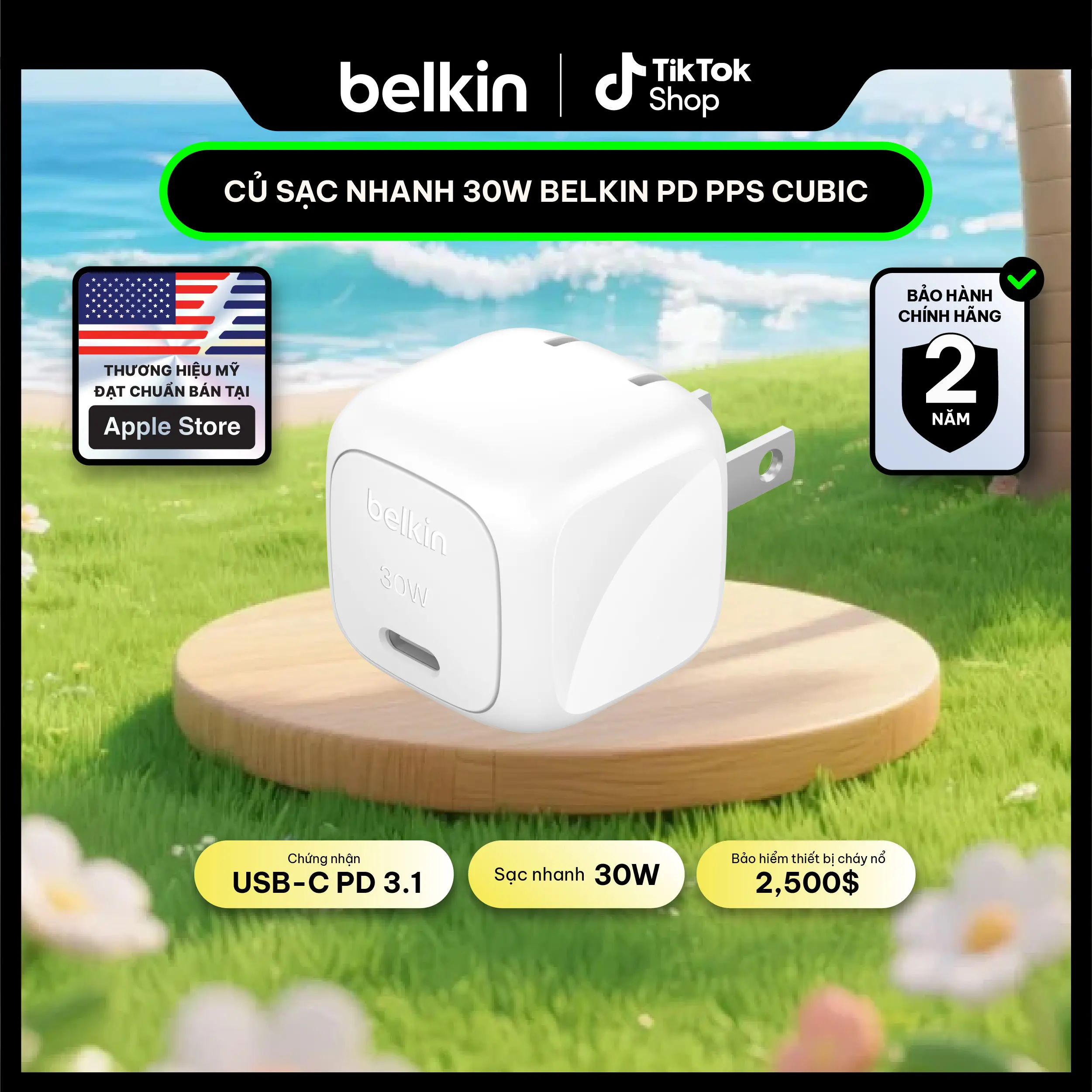 Cargador rápido de pared Belkin 30W USB-C PD PPS Cubic, blanco, garantía oficial de 2 años, WCA008qc