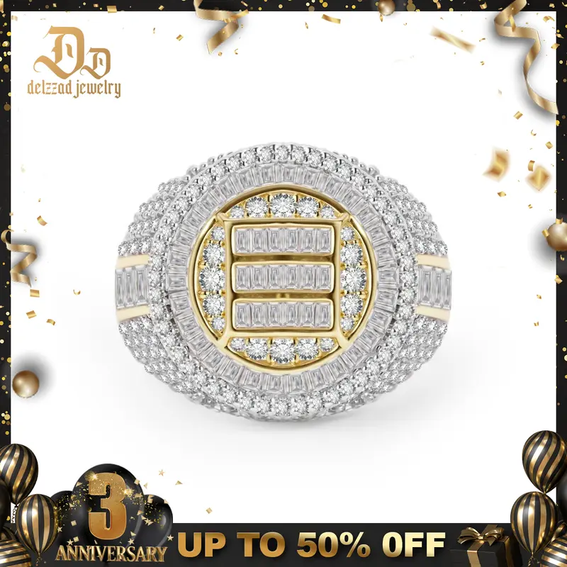 Delzzad 14K Gold-Plated 3ct The Sovereign Ring Glacier Band Fully Iced-out Hip Hop Ring VVS Synthetic Moissanite Ring Jewelry Unisex Hip Hop Ring Perfect Birthday Engagement Wedding Anniversary Christmas Valentine's Day Gift