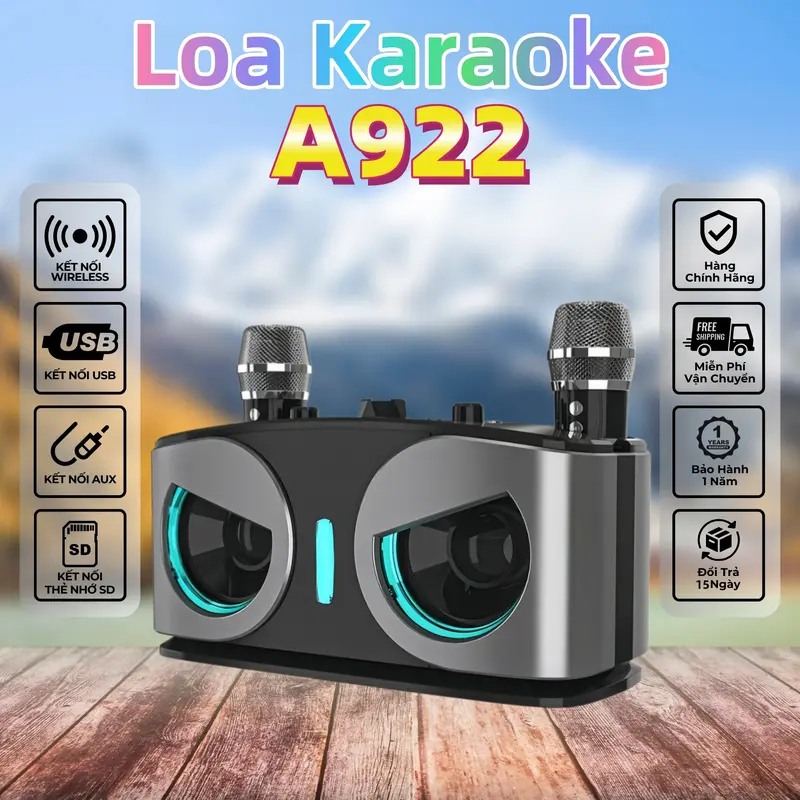 Enceinte karaoké Bluetooth portable A922 avec 2 microphones sans fil, usage extérieur et familial, garantie 12 mois