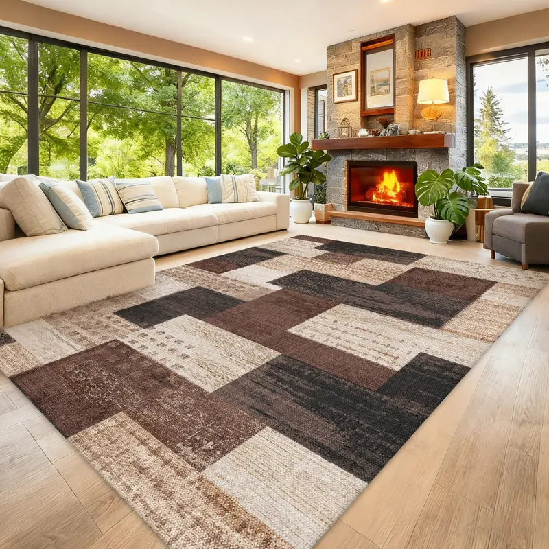 Washable Vintage Geometric Floral Area Rug, Extra-Large Neutral Boho Print, Soft Low Pile and Non-Slip for Living Rooms, Kitchens, Laundry Rooms and Playrooms