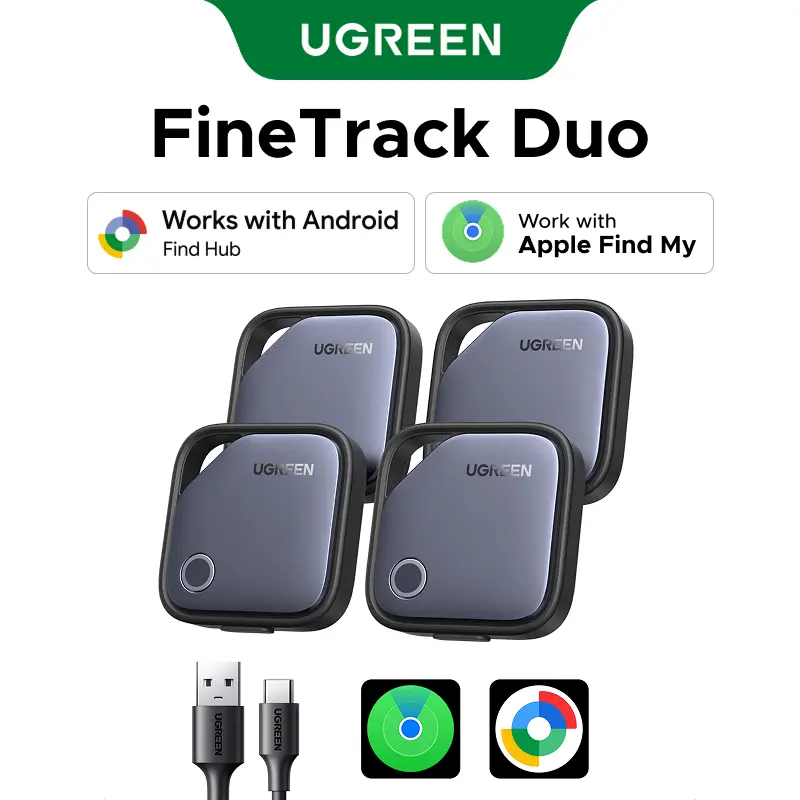 UGREEN Finder Duo iOS与Android蓝牙防丢器4件装，兼容Apple Find My或Find Hub App，USB‑C充电电池续航1年，适合钥匙及行李