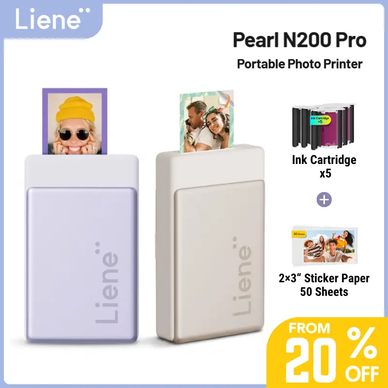 Liene Pearl N200 Pro Portable Thermal Dye Sublimation Photo Printer - Instant Mini Bluetooth Sticker Printer with Built-In Power for iOS/Android Smartphones, 50 Adhesive Sheets, 5 x Ink Cartridges, Back to School Haul Gift