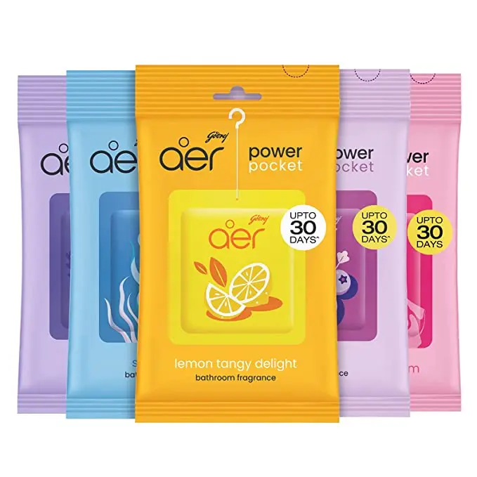 Godrej Aer Power Pocket ambientador colgante para coche con gancho, set de 5 fragancias surtidas (limón, rosa, fresca, frutos rojos y lavanda), tecnología avanzada de fragancia, aroma de larga duración, aroma cítrico y floral, fresco y limpio, para espacios pequeños y hogares listos para recibir visitas