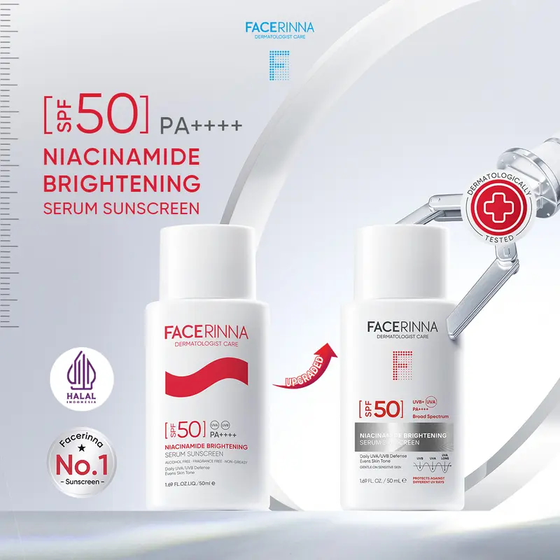FACERINNA Niacinamide Brightening Serum Sunscreen, SPF50+ PA+++, Daily UVA/UVB Protection for Even-Looking Skin Tone