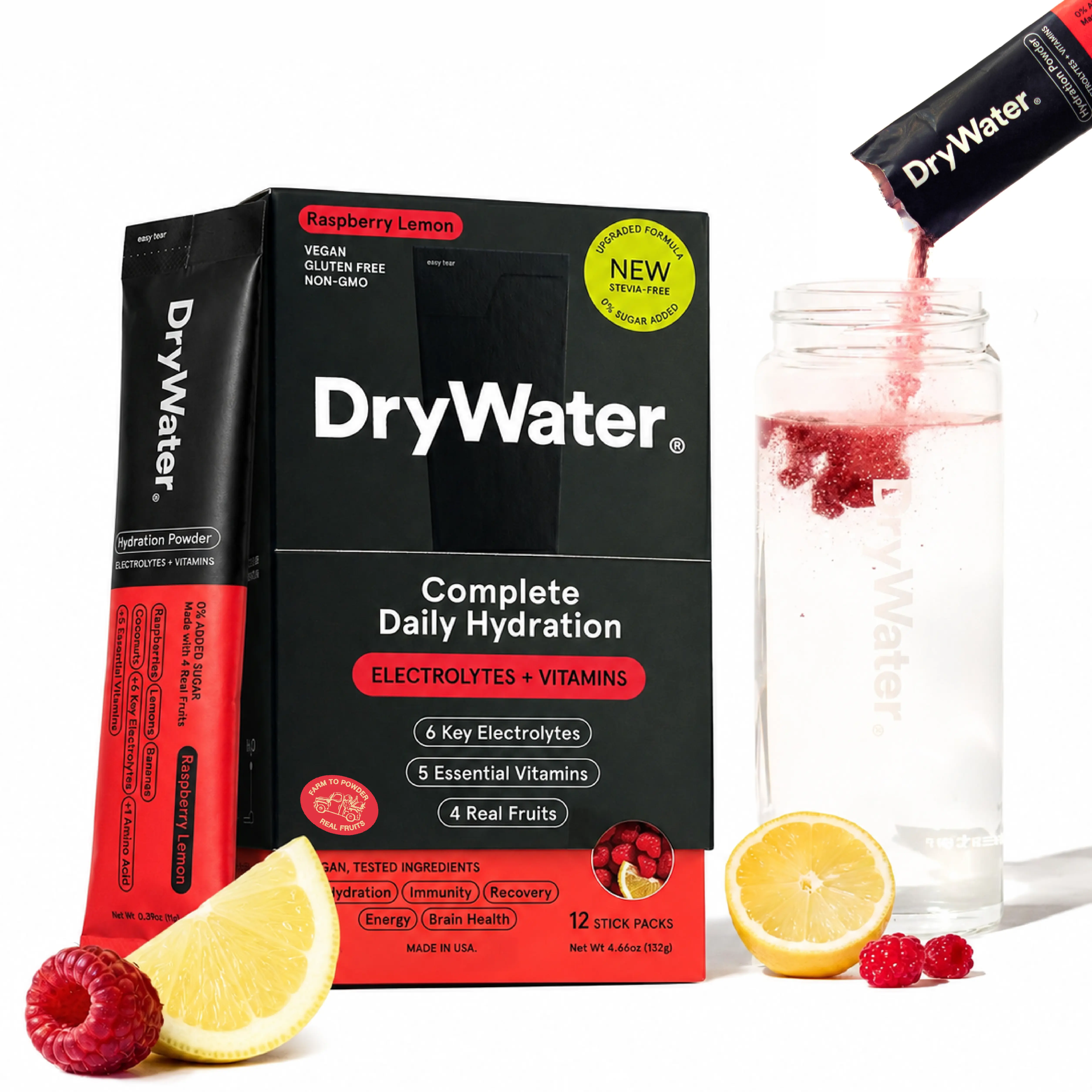DryWater Daily Electrolyte + Vitamin Hydration Powder Packets | Kalium 1.000 mg | Buah Asli | Tanpa Bahan Buatan | Tanpa Gula Tambahan | Bersih & Teruji (12 Sachet)