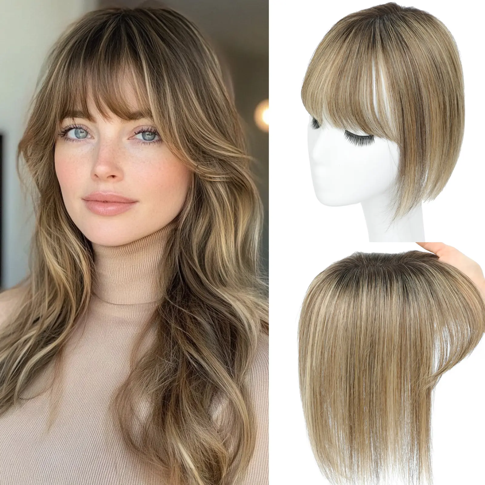 Hair Topper Rambut Asli Manusia 10 Inci dengan Poni untuk Wanita dengan Rambut Menipis, Tanpa Lem, Alas Swiss 3×4.5 Inci, Jepit Clip-in