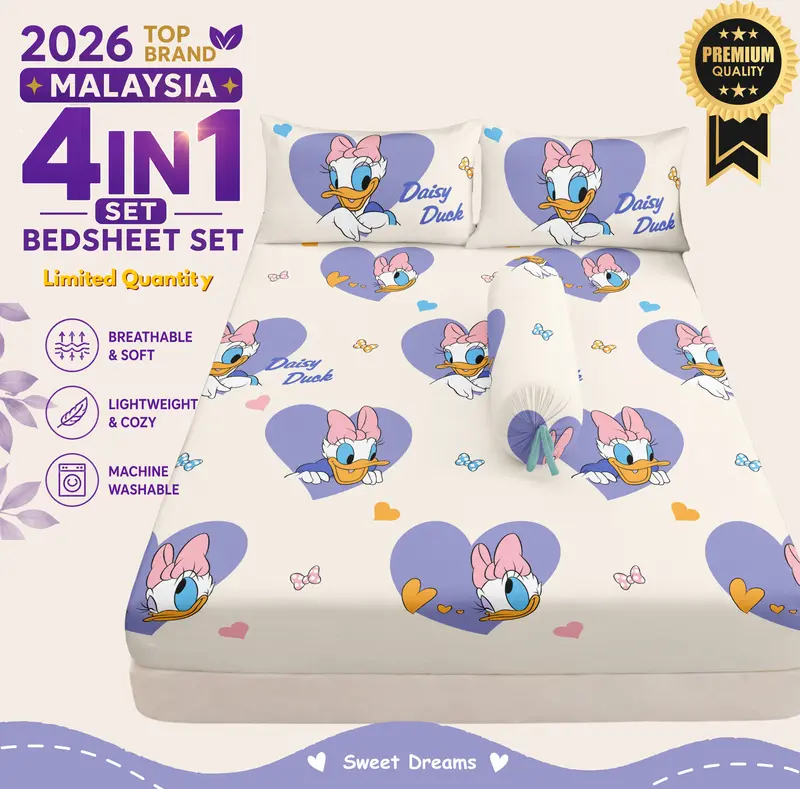 Bộ ga giường DOUBLE C Premium Bedding Set họa tiết dễ thương, cỡ Single/Queen/King, ga chun bọc quanh nệm