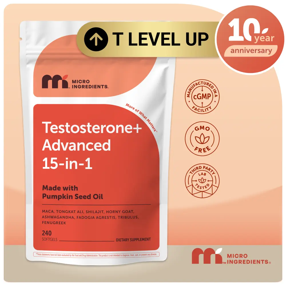Micro Ingredients Testosterone+ Advanced para homens e mulheres, 240 cápsulas gelatinosas | Complexo 15 em 1 com Tongkat Ali, Horny Goat Weed, Shilajit, maca e saw palmetto | Sem transgênicos