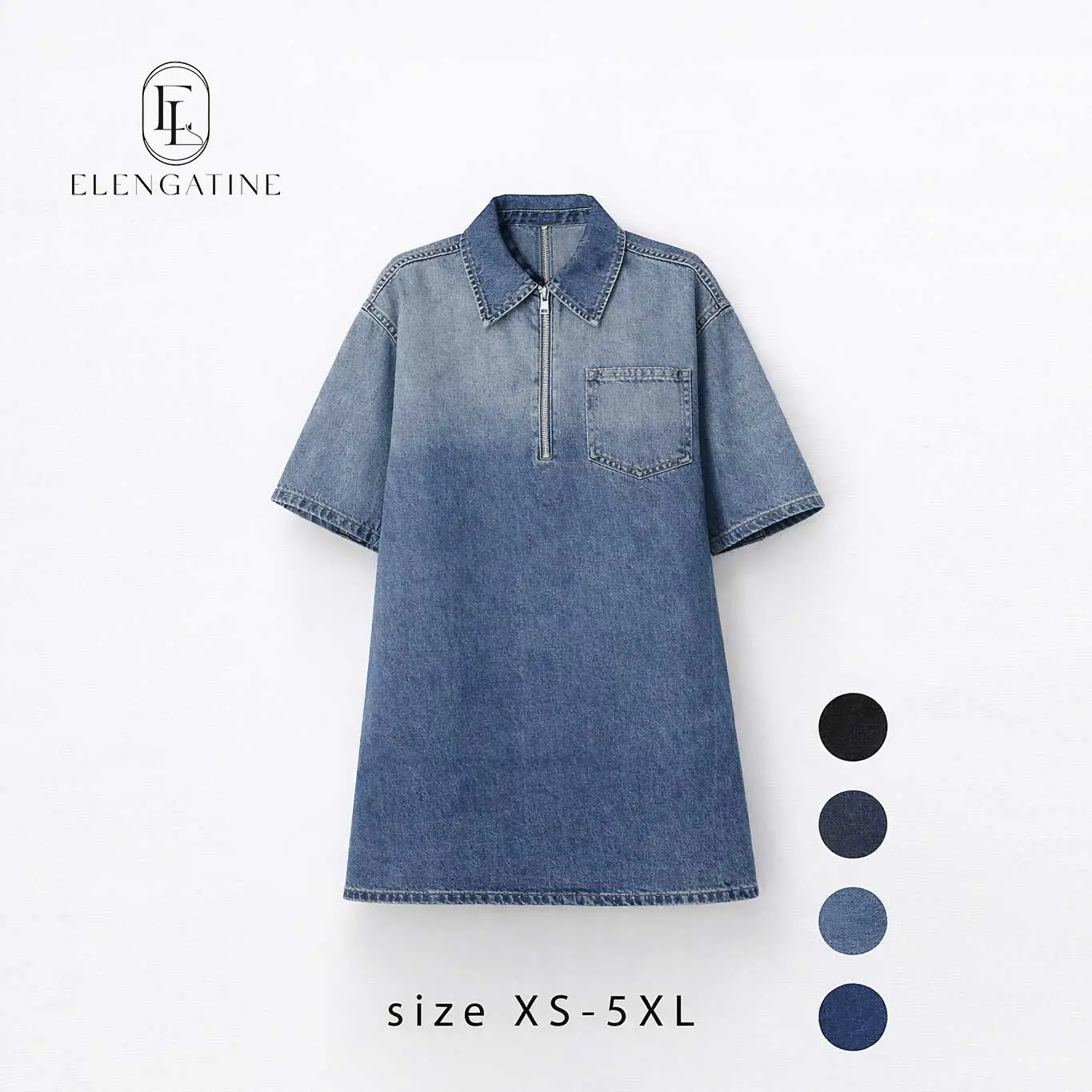 Elengatine Women's Oversized Vintage Washed-Blue Polyester Denim Dress, Half-Zip Collared, Short Sleeve, One Chest Pocket, Loose Fit, XS–5XL