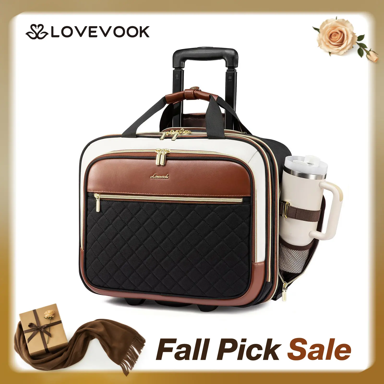Bolsa de viagem LOVEVOOK com rodinhas para notebook de 17,3 polegadas, 2 rodas, estrutura flexível, para levar sob o assento como item pessoal em viagens de trabalho, preta e marrom — TikTokShopBackToSchool