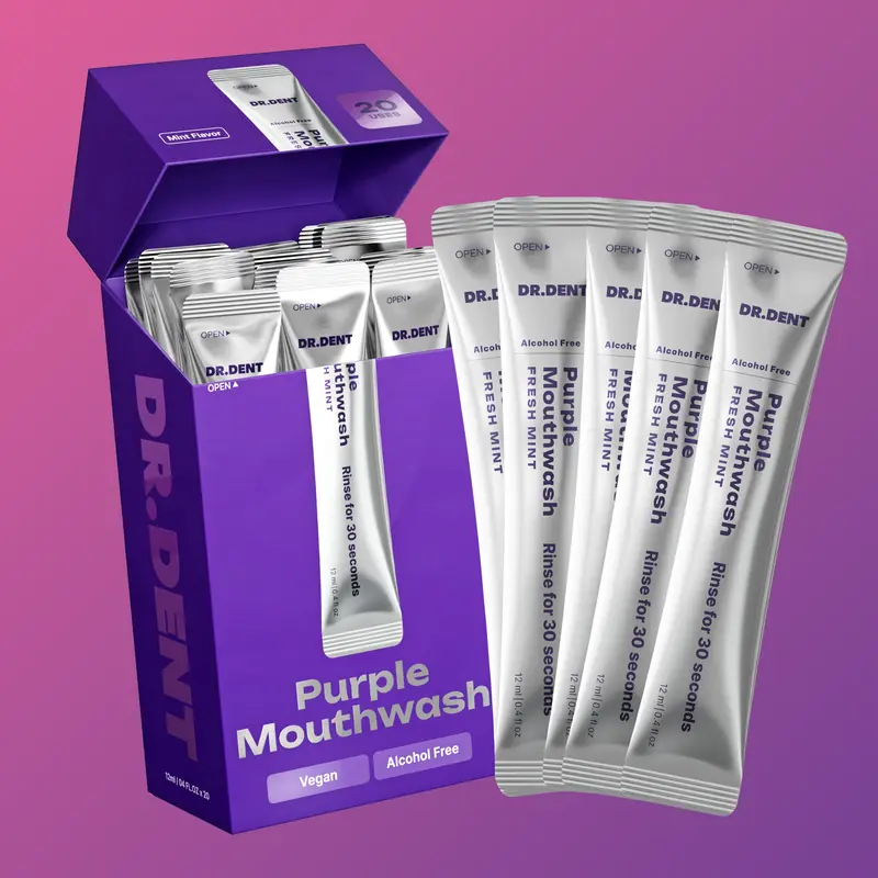 DR.DENT Purple Mouthwash Sachets, 20-Pack, Peroxide-Free, Alcohol-Free, Vegan Mint
