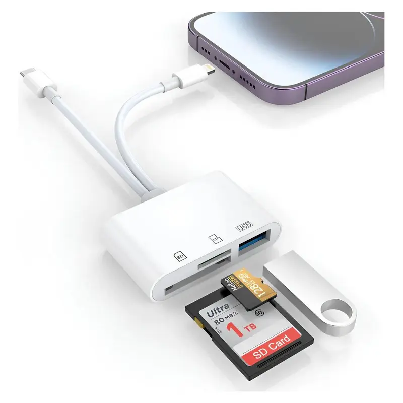5-in-1 Card Reader for iPhone, iPad, Android, USB-C and Lightning, Plug and Play, No App Required
