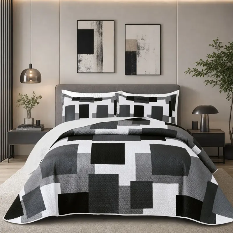 3-Piece Reversible Geometric Microfiber Quilt Set with 2 Shams, Lightweight All-Season Bedspread