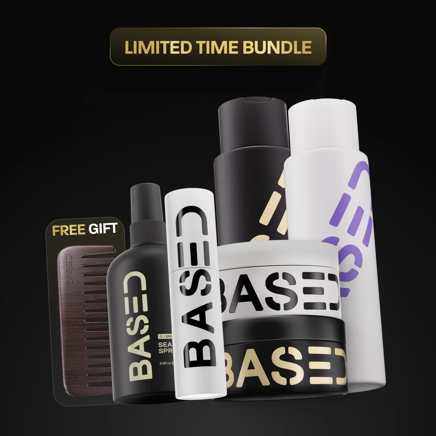 Kit Deluxe BASED para cabelos lisos ou ondulados: shampoo, condicionador, pó texturizador, argila modeladora, pomada, spray de sal marinho e pente de madeira | embasado pela ciência, alto desempenho