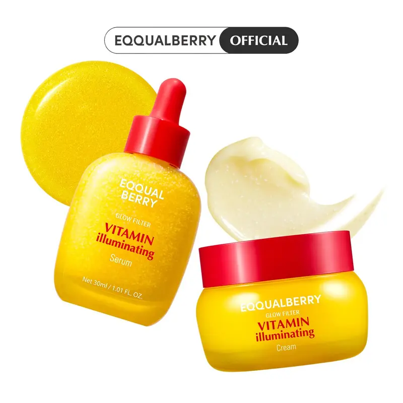 Kit iluminador facial EQQUALBERRY Vitamin Illuminating Duo — sérum 30 ml + creme 50 ml com água de acerola, niacinamida e TXA; para manchas escuras e tom irregular, hidratação e cuidado da barreira cutânea com ceramidas