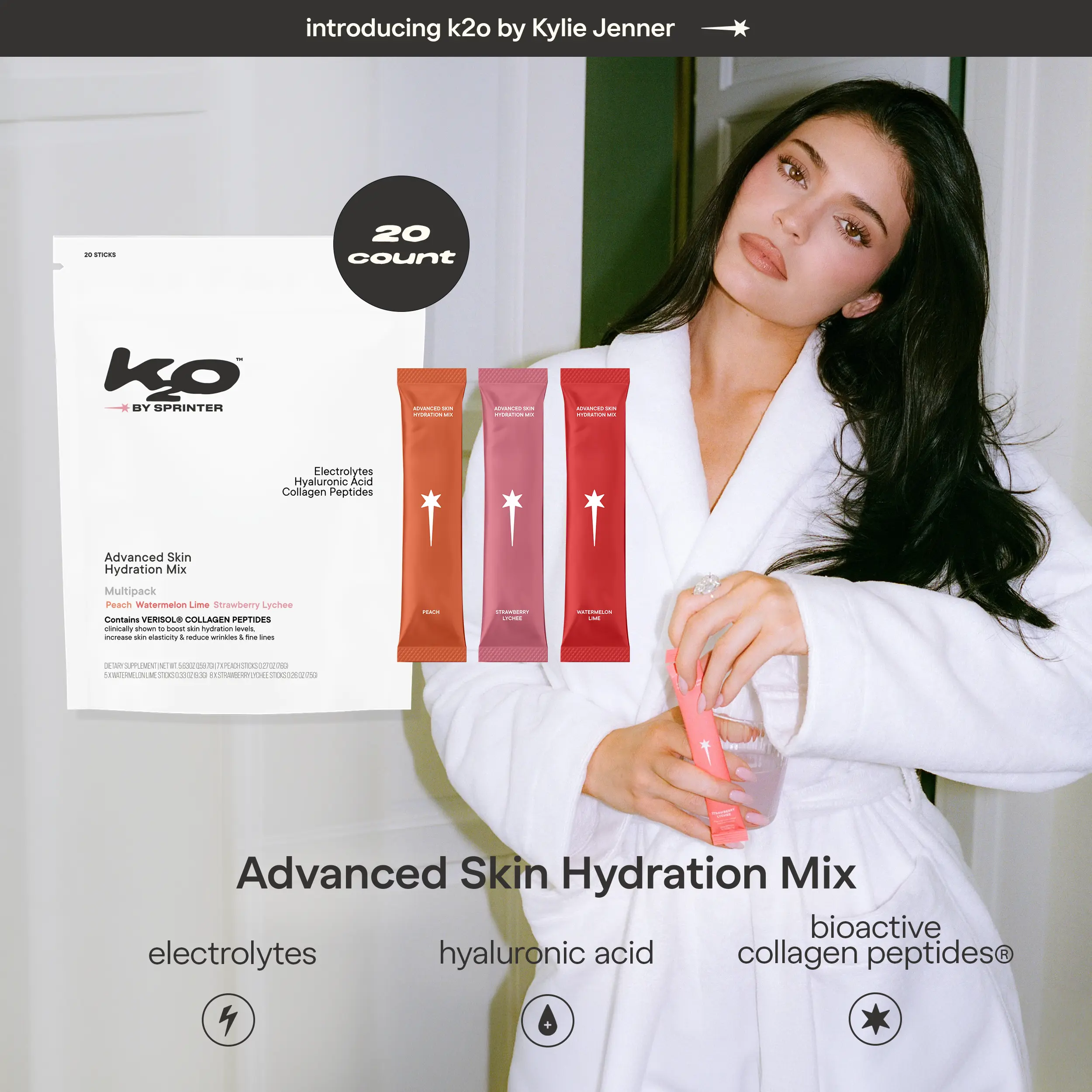 k2o by Kylie Jenner Advanced Skin Hydration Mix with Electrolytes, Hyaluronic Acid and Verisol Collagen Peptides, 3 Flavors, 20 Sticks