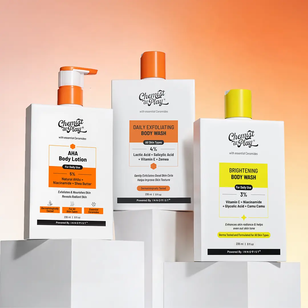 Combo The Body Refining: gel corporal iluminador con vitamina C, gel exfoliante con AHA y loción corporal con AHA para piel con bultitos