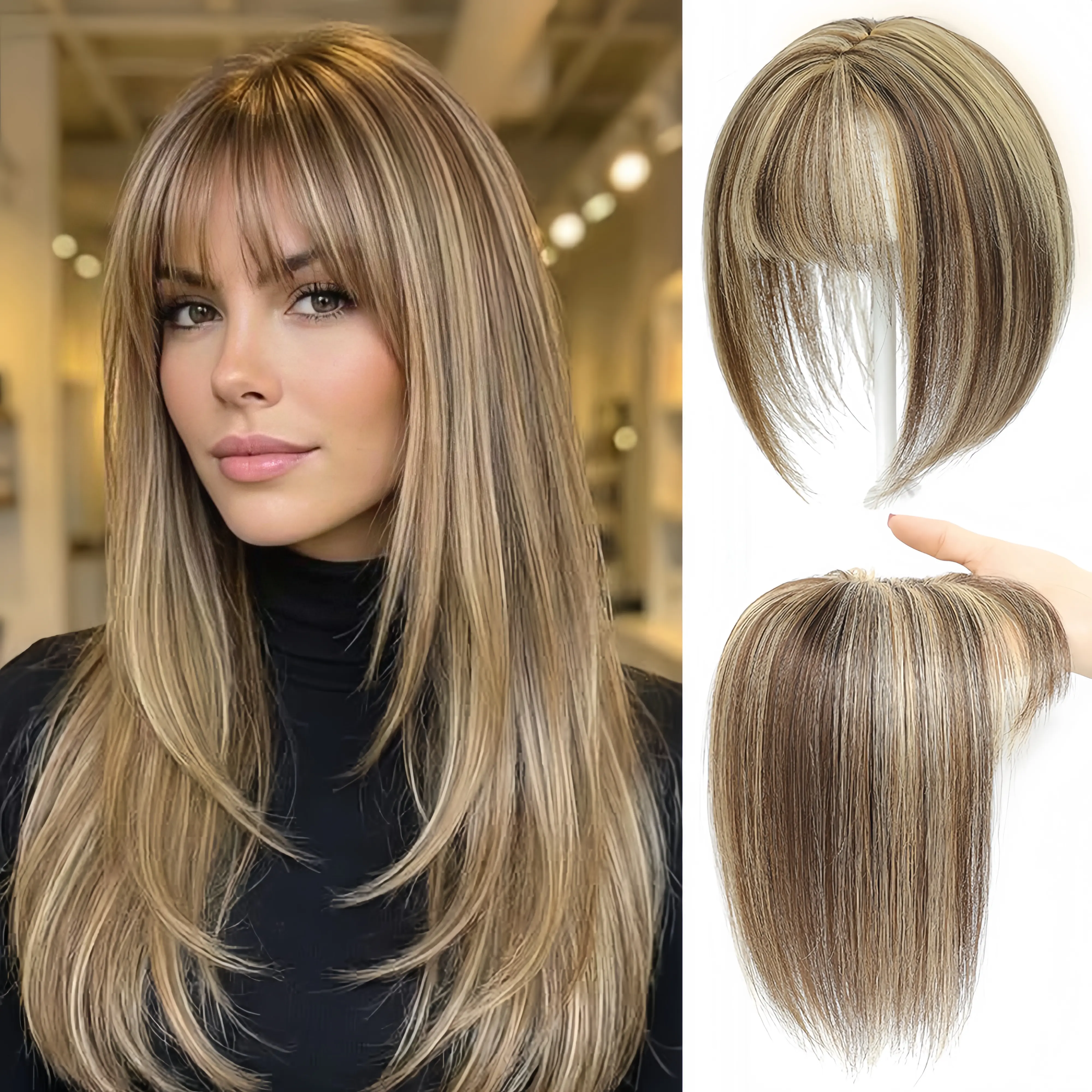 10-Zoll-Echthaar-Topper mit Pony für Damen, einclipbares Haarteil mit dünner, atmungsaktiver Lace-Basis zum Kaschieren von grauem Haar und lichtem Oberkopf