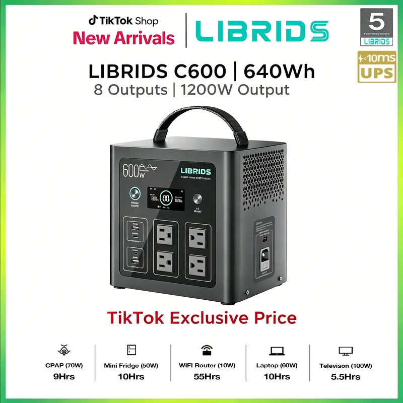 LIBRIDS C600 tragbare Powerstation mit 640-Wh-LiFePO4-Akku, 8 Anschlüssen und Schnellladung von 0–80 % in 1 Std., Solargenerator für Camping, Wohnmobil, Reisen, Stromausfälle und Notfälle, als Alternative zum Benzingenerator