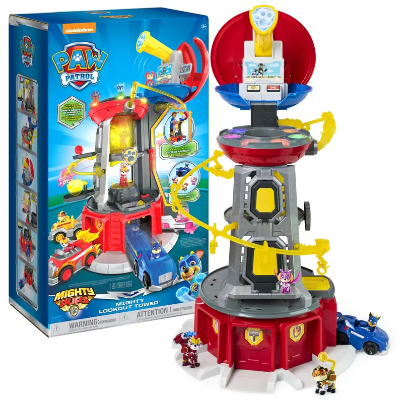 PAW Patrol 마이티 룩아웃 타워 역할놀이 세트, 높이 2.75피트 아마존 독점 플레이세트, 마이티 퍼피 피규어 4개·장난감 자동차·조명·사운드·집라인 포함, 3~4세 이상 어린이용