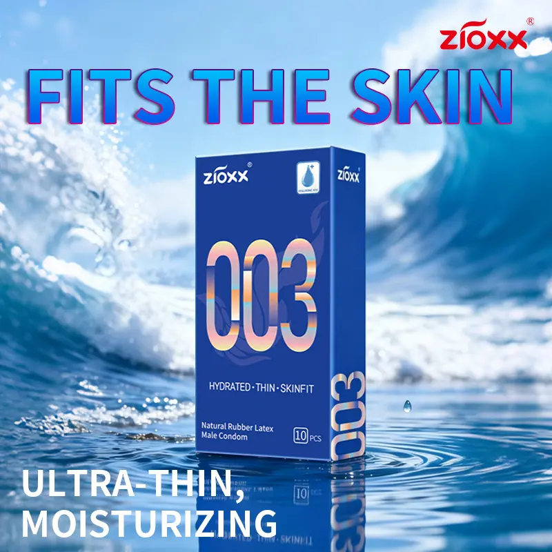 Kondom Pria Zioxx 003 Ultra Tipis, Pelumas Asam Hialuronat, Lateks Alami Terasa seperti Kulit, 52mm, Isi 10