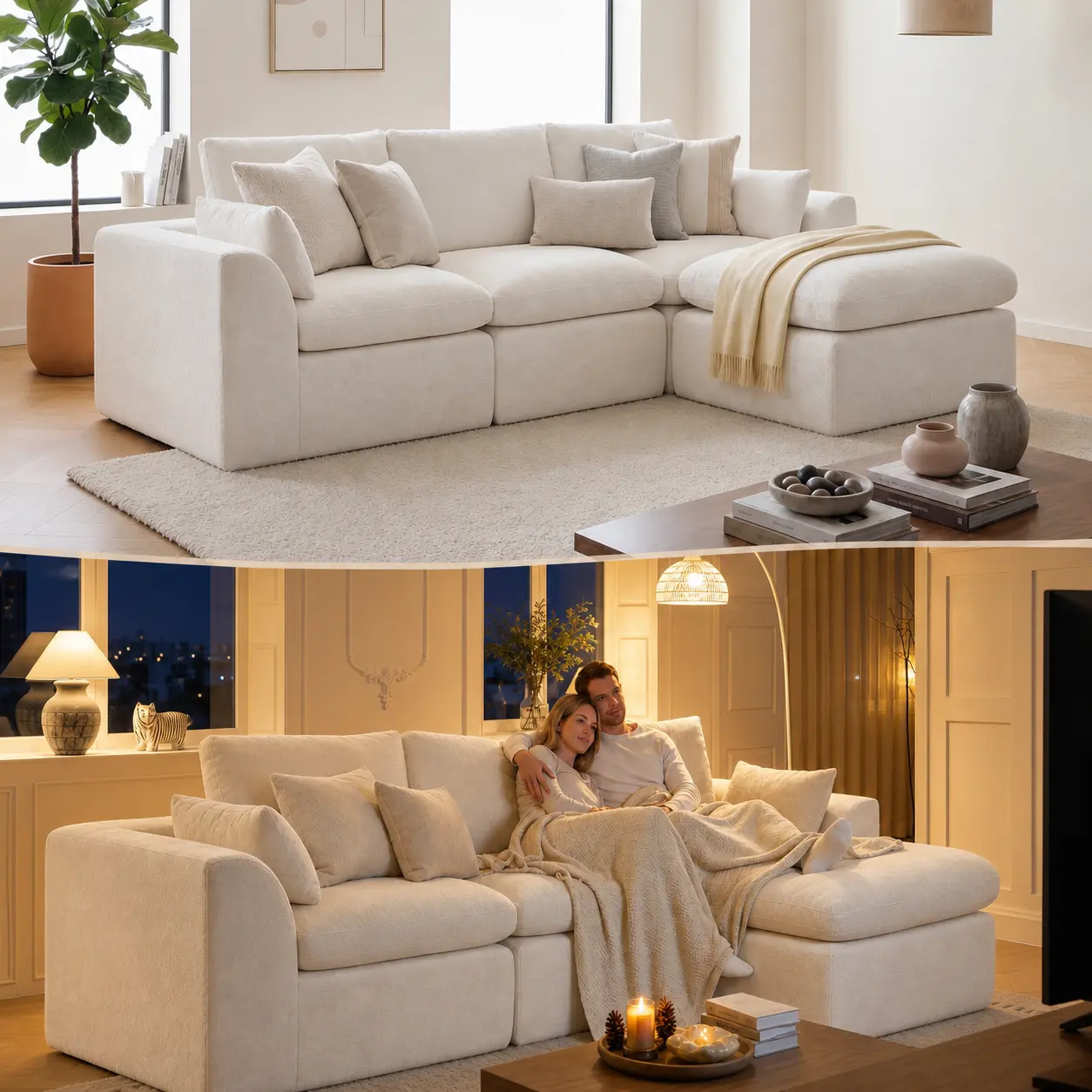108in L-Shape Boneless Modular Fabric Sectional Sofa with Ottoman, No-Assembly Compressed Cloud Couch, Comfy Multi-Seat Apartment Furniture for Living Room, Boneless Couches, Apartment Stuff, Ottoman Adds Extra Seating, Living Room Decor