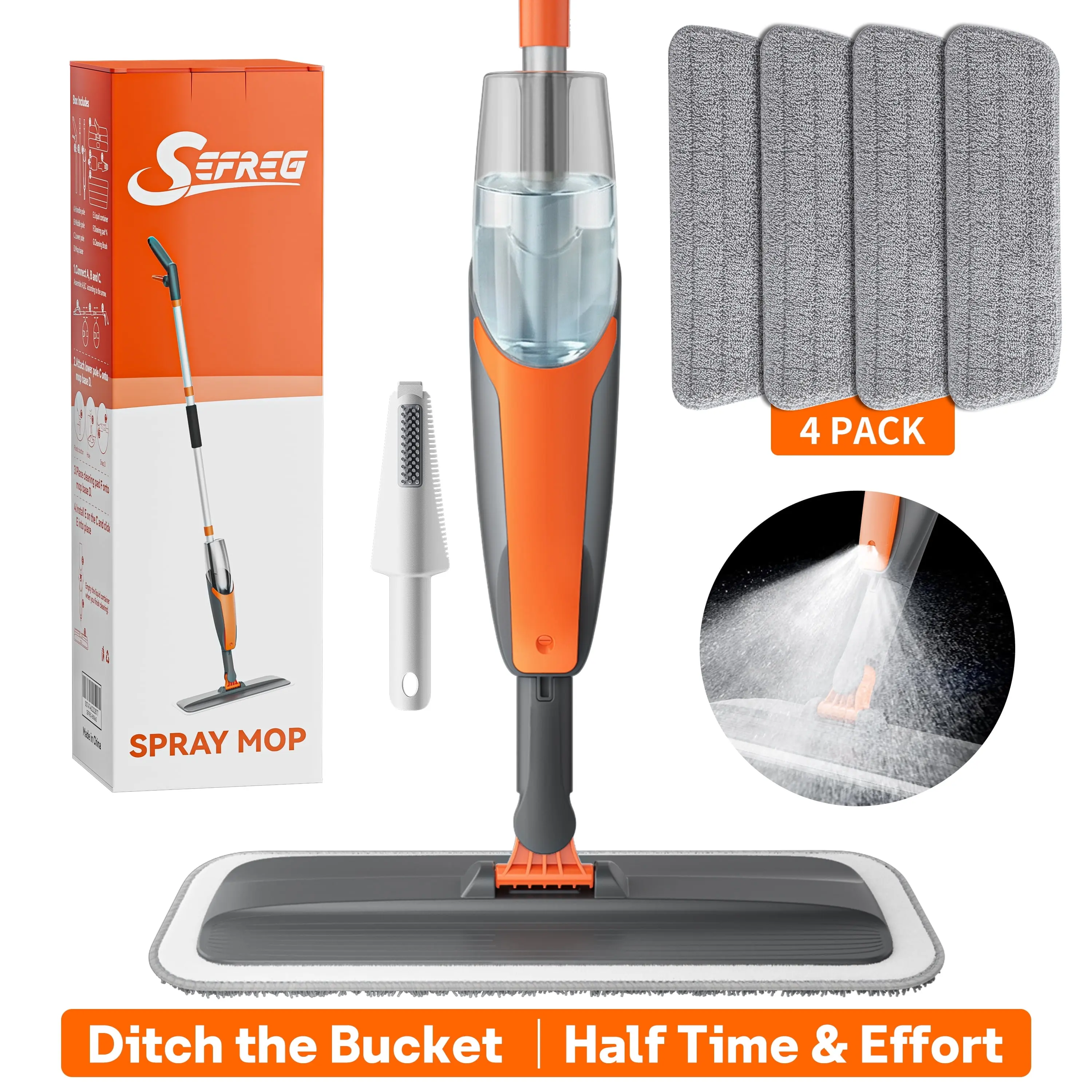AIR U Multifunction Durable Microfiber Spray Mop with 360° Swivel Head, 420ml Detachable Refillable Water Tank, 4 Washable Cleaning Pads for Hardwood, Tile Floors