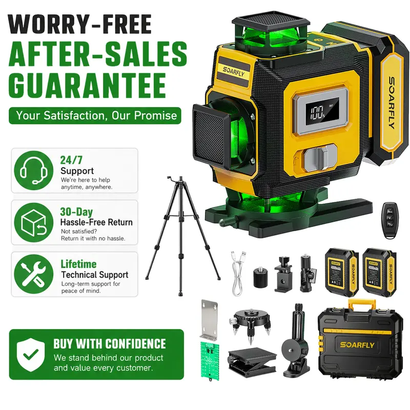 SOARFLY X16 Self-Leveling Laser Level with Tripod, 4 x 360 Green Laser, 16 Lines, 2 Batteries