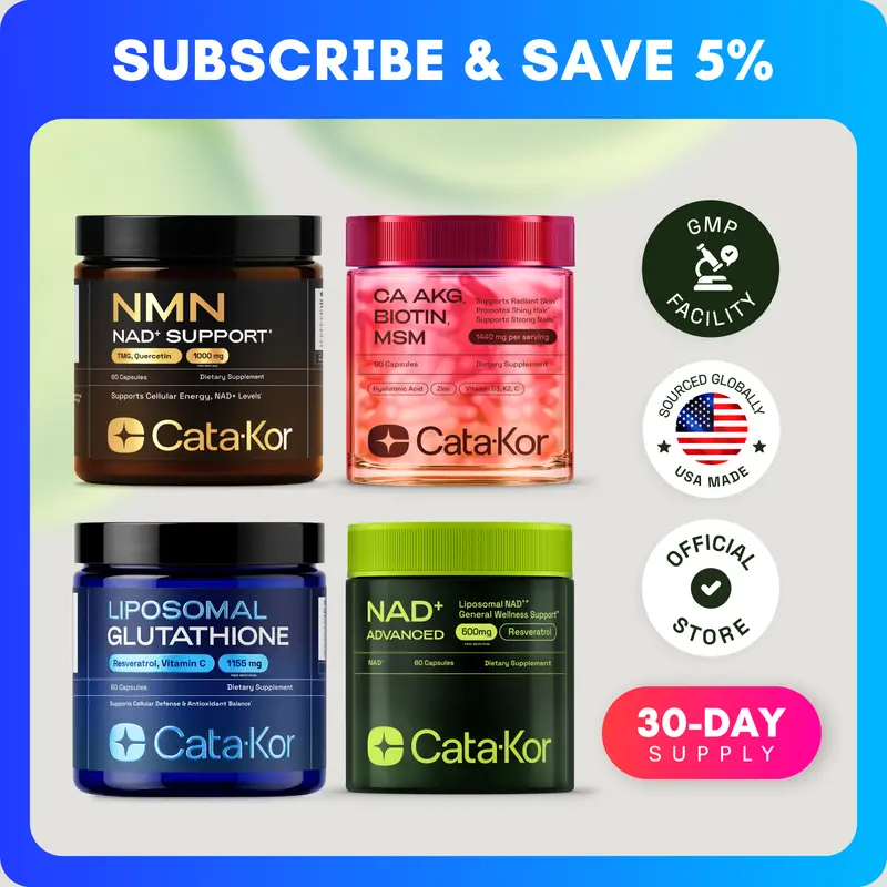 CEO's Bundle - Paket Suplemen Kapsul Cata-Kor Liposomal Glutathione 500 mg, NMN 1000 mg, NAD+ Advanced 500 mg, CA AKG 1000 mg, Biotin, MSM, TMG, dan Hyaluronic Acid