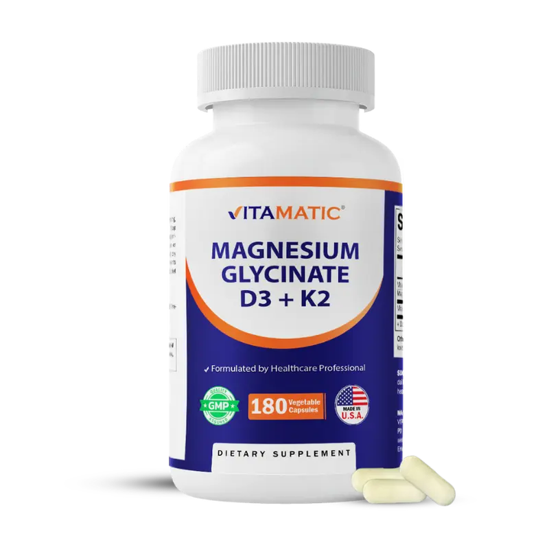 Vitamatic Magnesium Glycinate 200 mg Elemental with Vitamin D3 5000 IU and K2 200 mcg, Dairy-Free Supplement, 180 Vegetarian Capsules, Made in USA