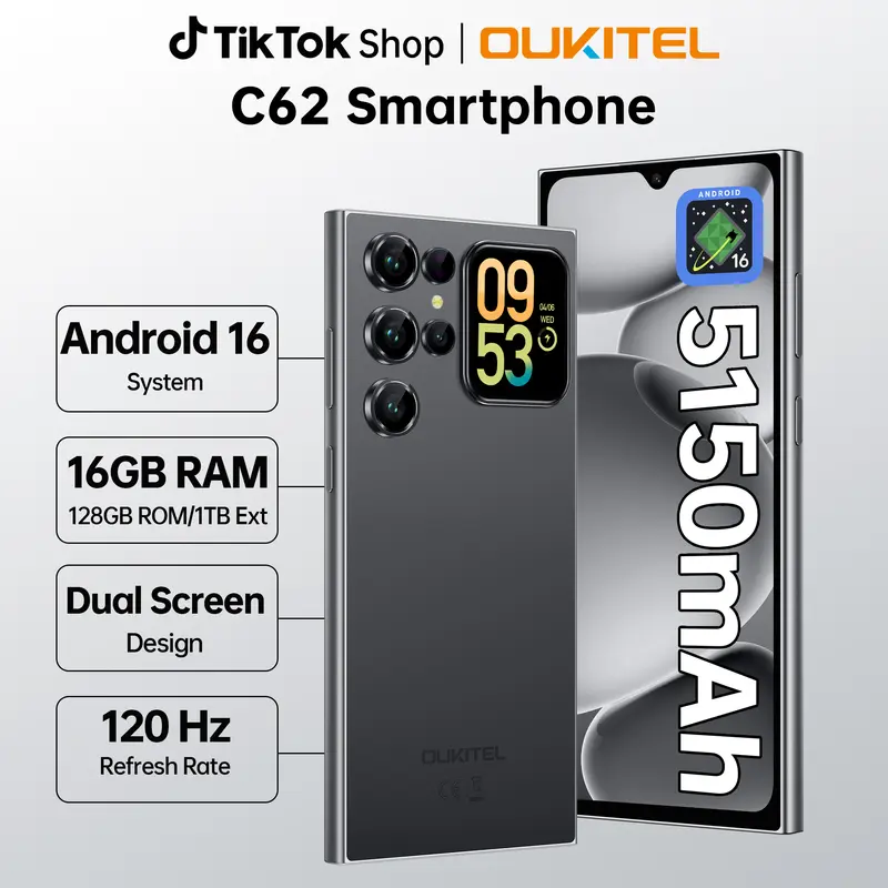 OUKITEL C62 2026 Dual-Screen Android 16 Smartphone, 16GB RAM + 128GB ROM, 5150mAh Battery, 120Hz Display, 13MP Camera, 4G LTE Dual SIM, Face Unlock & Fingerprint Unlock