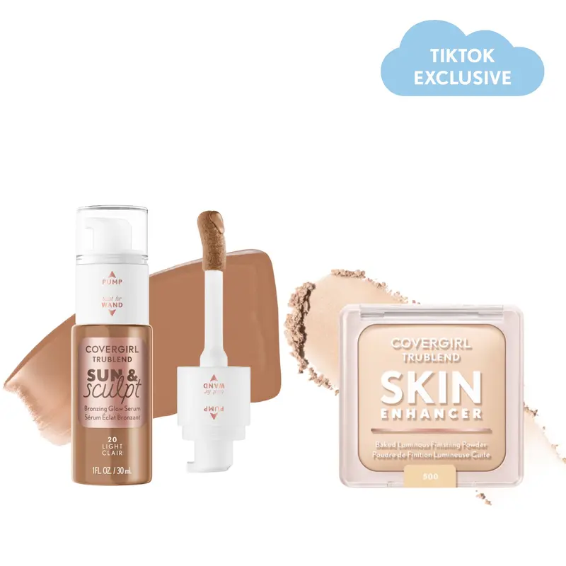 Bộ đôi COVERGIRL Sun & Sculpt: serum tạo khối rám nắng và phấn phủ bắt sáng dạng nướng cho mặt, dành cho người lớn; mịn, cấp ẩm, chứa peptide, vitamin C và silica, dễ cố định lớp trang điểm và tán đều, kèm cọ đầu mút, không thử nghiệm trên động vật