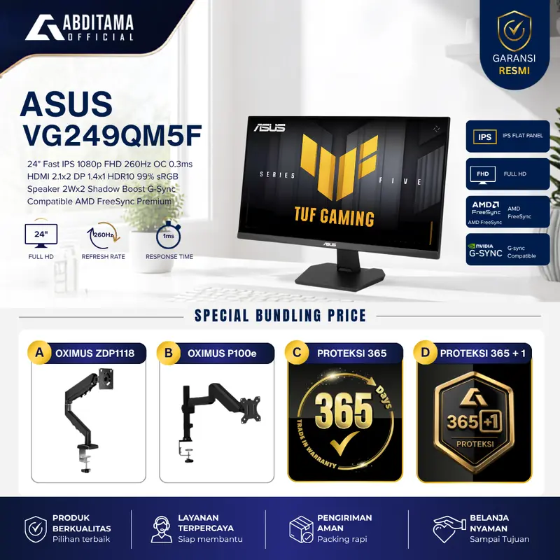 华硕 ASUS TUF Gaming VG249QM5F 24英寸Fast IPS显示器，1080p FHD，超频260Hz，0.3ms，HDMI 2.1×2、DP 1.4×1，HDR10，99% sRGB，2W×2扬声器，支持Shadow Boost、G-Sync Compatible、AMD FreeSync Premium、ELMB Sync及AI功能