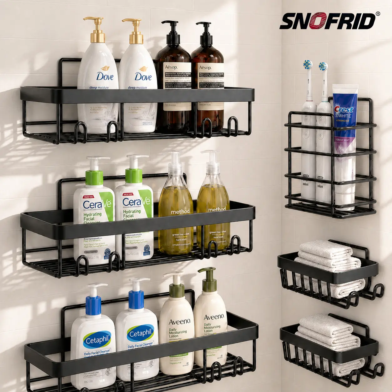 【DealsForYouDays】Snofrid Duschregal, 6er-Set, fortschrittliches rostfreies Design, selbstklebende Ablagen ohne Bohren, Regal mit Seifenhalter, Bad-Organizer mit viel Stauraum zur Wandmontage für Küche, Bad und Zuhause