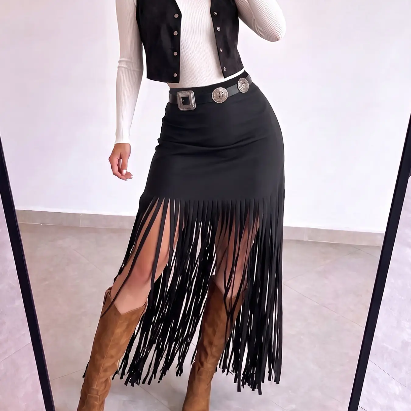 Elegant Punk Style Y2K Women's Summer Solid Color Waistband Elastic Band Hem Fringe Fitted Midi Skirt, Fashionable and Stylish Design